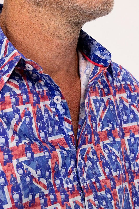 Close-up of a shirt with a Union Jack pattern on a white background
