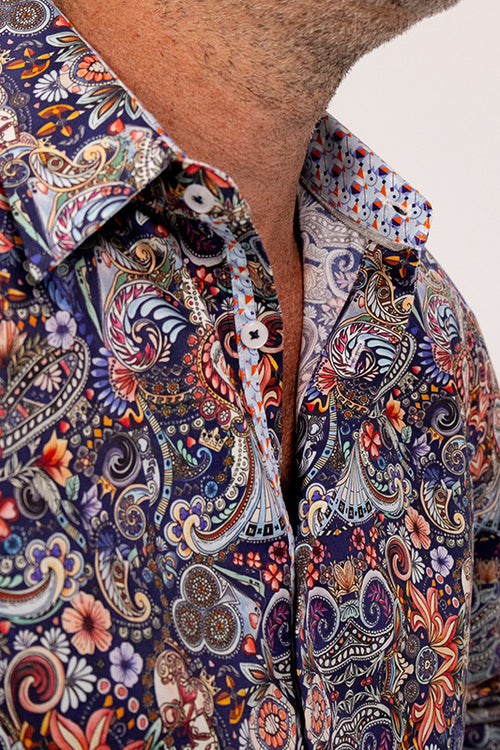 Close-up of a colorful paisley patterned shirt