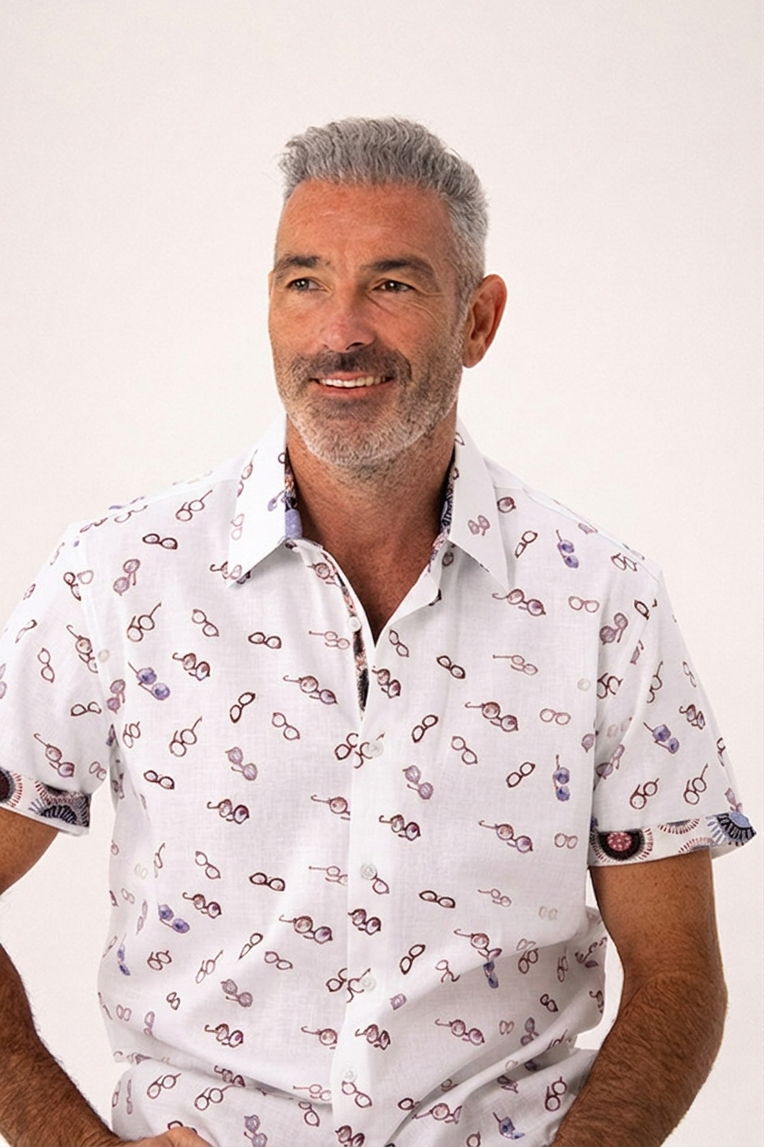 A smiling man with gray hair and a beard wearing a white short-sleeve button-up shirt with an all-over pattern of small eyeglasses, photographed against a plain light background.